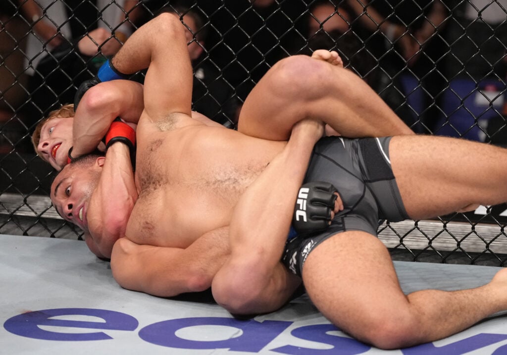 Paddy Pimblett submits Jordan Leavitt during their fight at a 2022 UFC Fight Night in London.