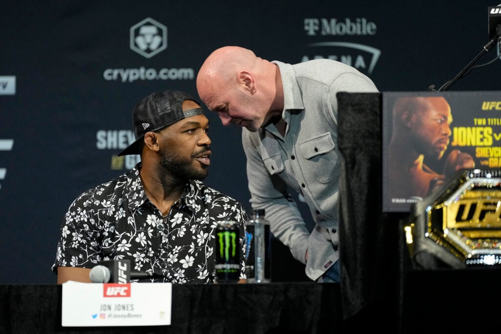 UFC CEO Dana White speaks with Jon Jones during the UFC 285 pre-fight press conference