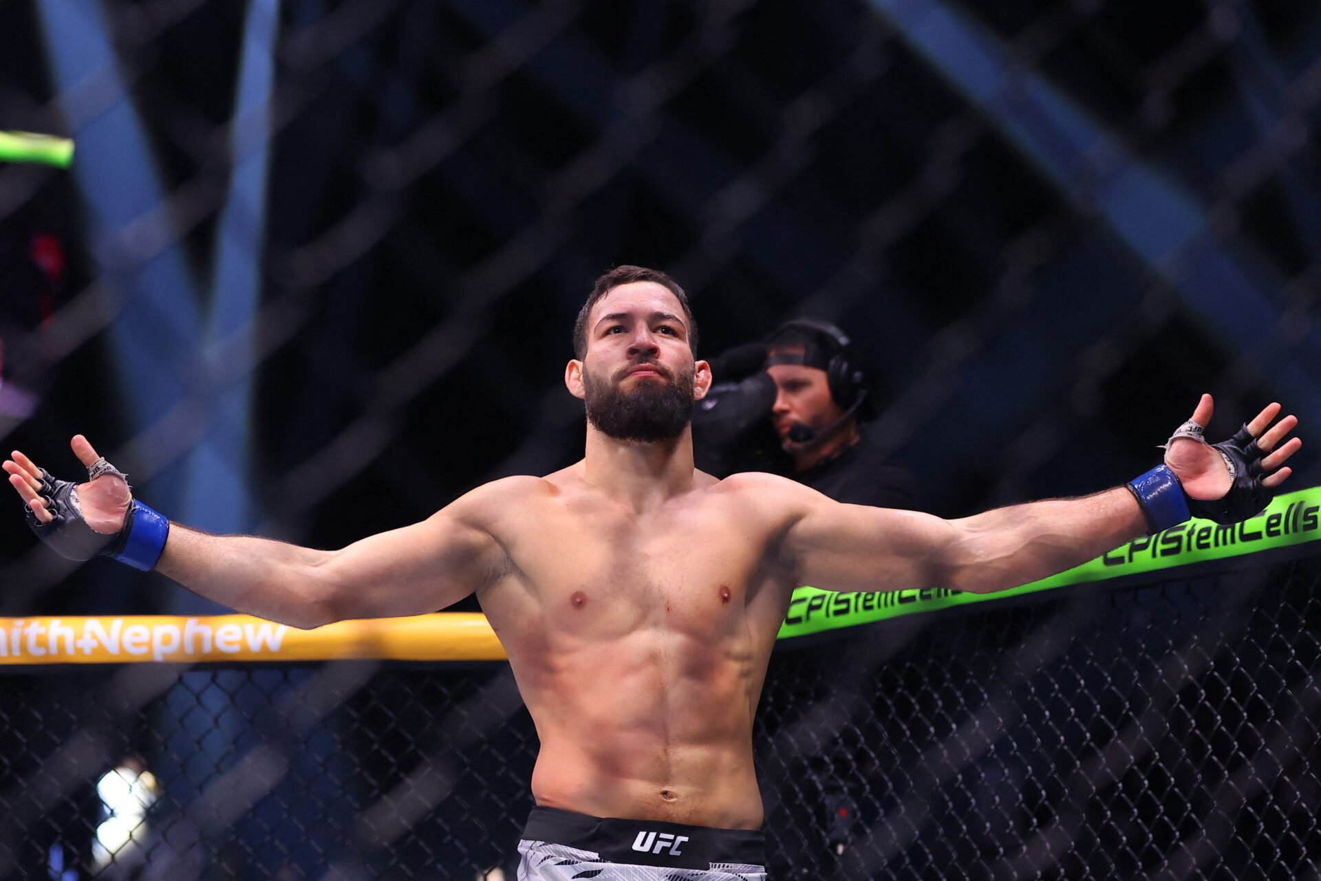 Nassourdine Imavov reacts after finishing Israel Adesanya during their fight at UFC Saudi Arabia