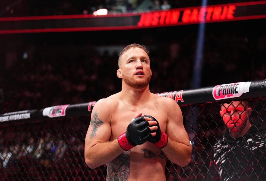 Justin Gaethje enters the Octagon for his fight with Rafael Fiziev at UFC 313