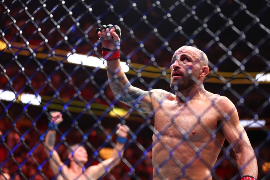 Alexander Volkanovski reacts after his fight with Diego Lopes at UFC 314