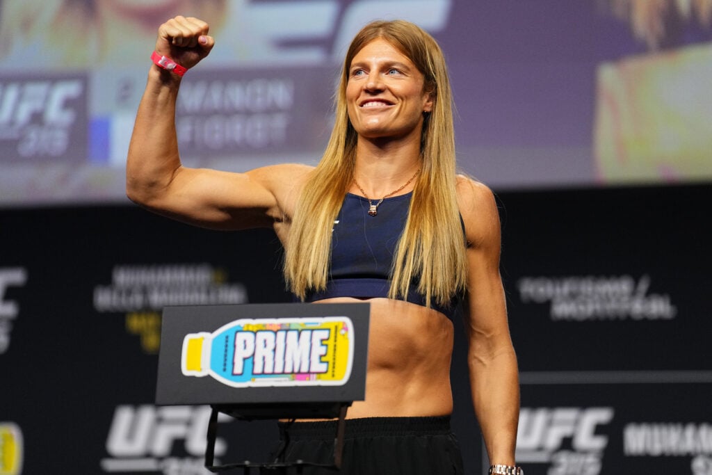 Manon Fiorot appears on the scale during the UFC 315 ceremonial weigh-in