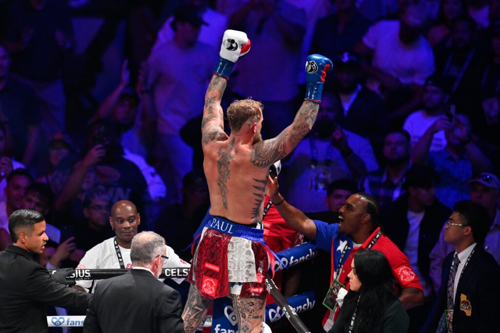 Jake Paul celebrates following his win over Julio Cesar Chavez Jr