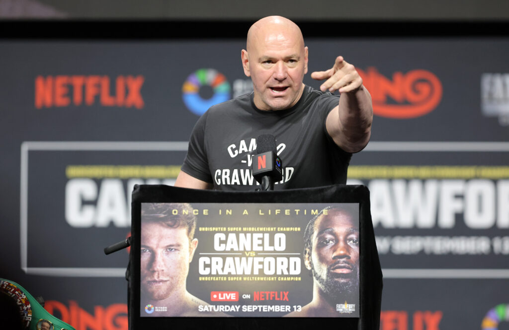 Dana White answers questions from the media during Canelo Alvarez vs Terence Crawford press conference