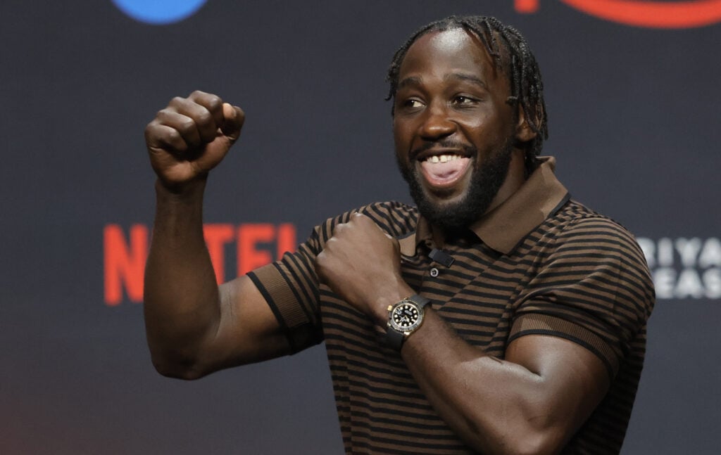 Terence Crawford arrives onstage for press conference ahead of Canelo Alvarez fight