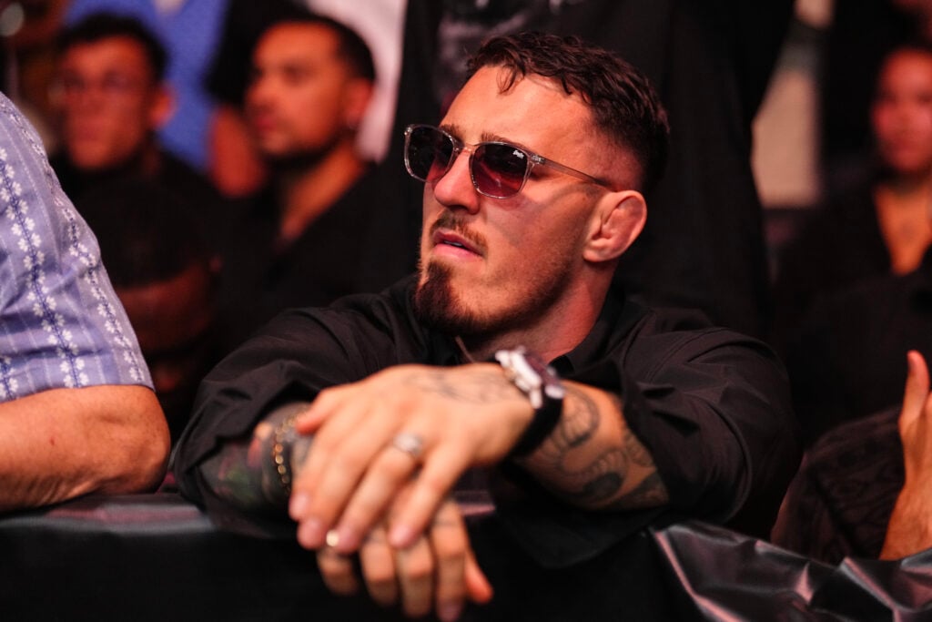Tom Aspinall looks on as he attends UFC 317 in Las Vegas at T-Mobile Arena