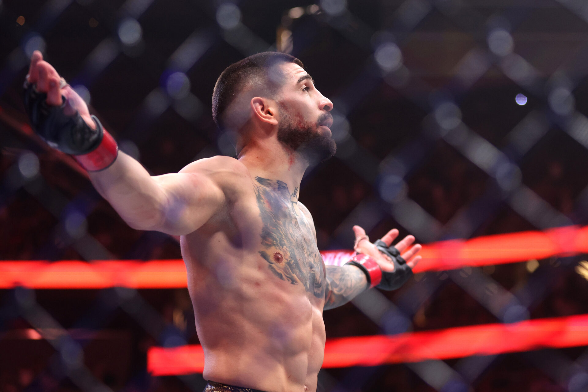 Ilia Topuria celebrating title win at UFC 317