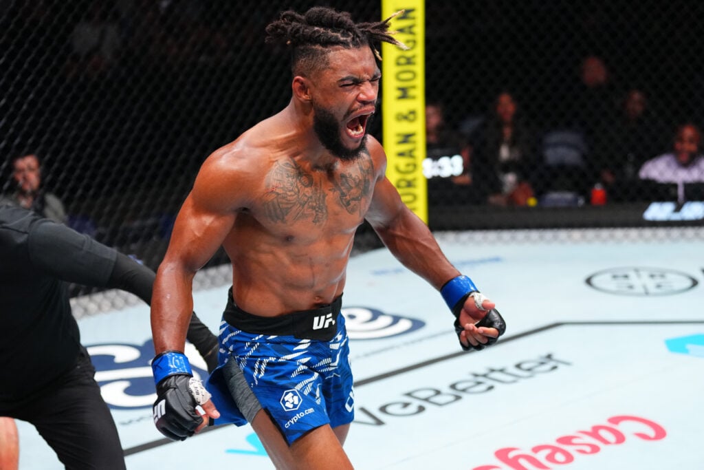 Morgan Charriere celebrates after knocking out Nate Landwehr at UFC Nashville