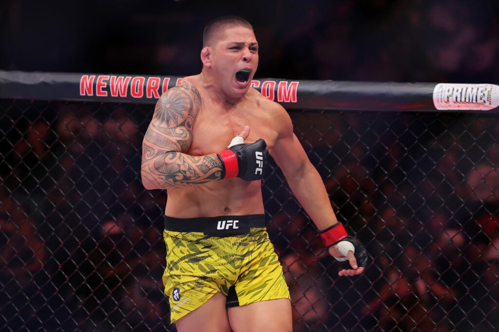 Brunno Ferreira celebrates after a submission win on the UFC 318 prelims