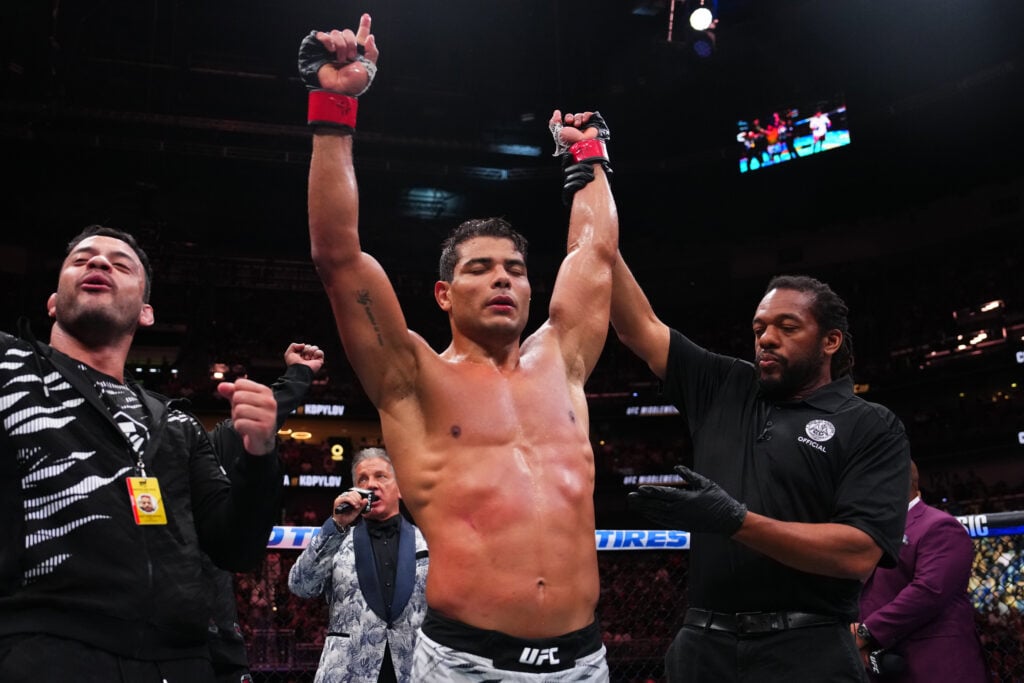 Paulo Costa reacts after a victory against Roman Kopylov at UFC 318