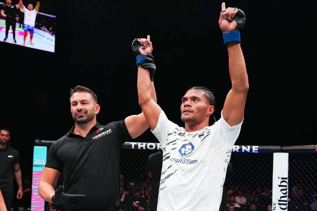 Billy Elekana reacts after a win over Ibo Aslan during the UFC Abu Dhabi prelims