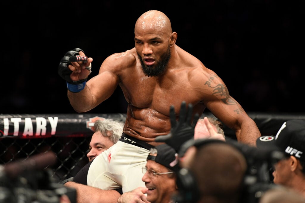 Yoel Romero celebrates after knocking out Chris Weidman at UFC 205