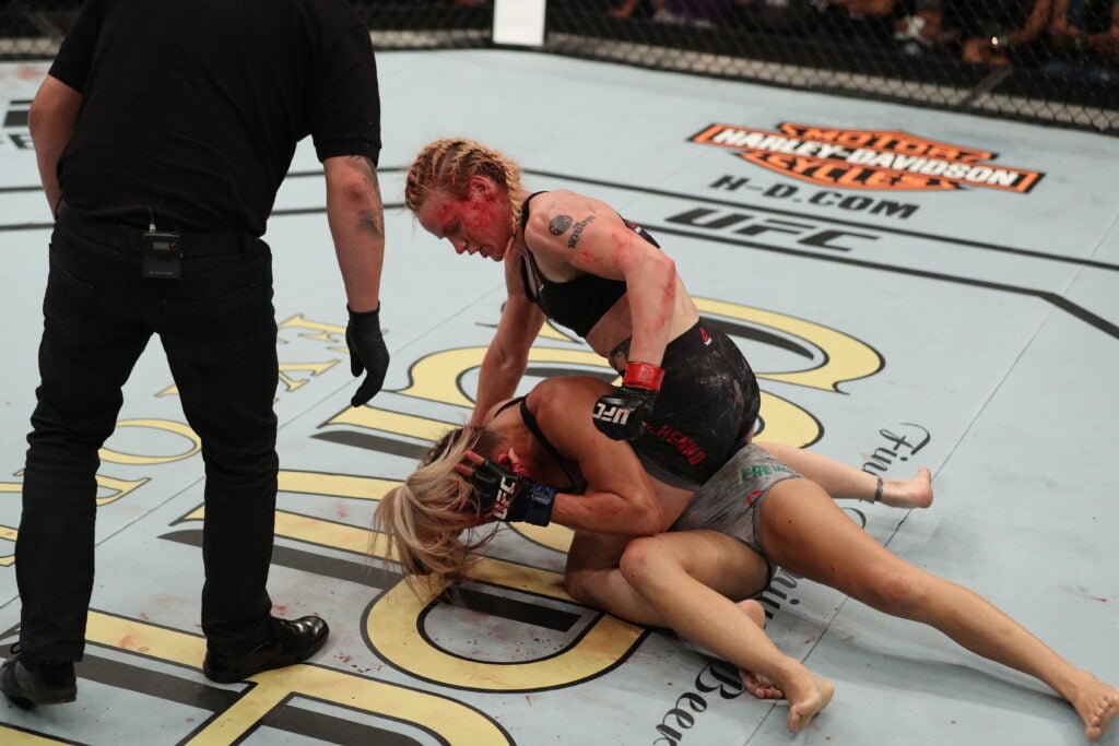 Valentina Shevchenko punches Priscila Cachoeaira during UFC Fight Night fight