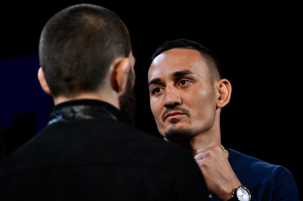 Max Holloway and Khabib Nurmagomedov face off at the UFC 223 press conference