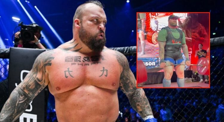 Eddie Hall looks on after his MMA debut win at KSW 105, inset screenshot of Thor Björnsson deadlifting 505kg