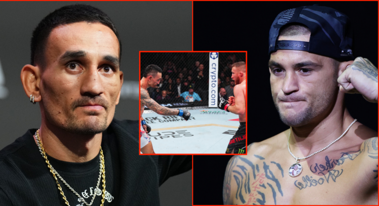 Max Holloway at the UFC 308 press conference, opposite Dustin Poirier at the UFC 302 ceremonial weigh-in, inset Holloway gesturing to Justin Gaethje