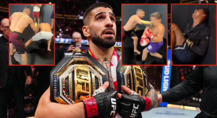 Main photo shows Ilia Topuria with his two UFC title belts in the octagon. Three block images show him dropping Steiny, Kyle and Salim from the Nel...