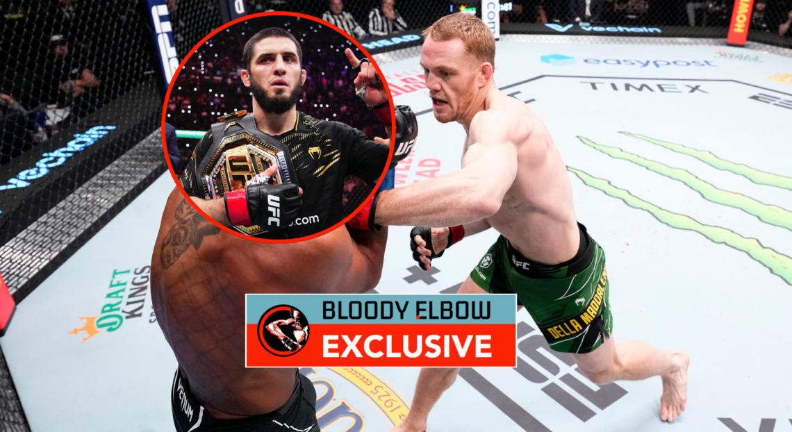 Main photo shows Jack Della Maddalena punching Danny Roberts in their UFC fight. Bubble photo shows Islam Makhachev with his UFC belt holding his f...