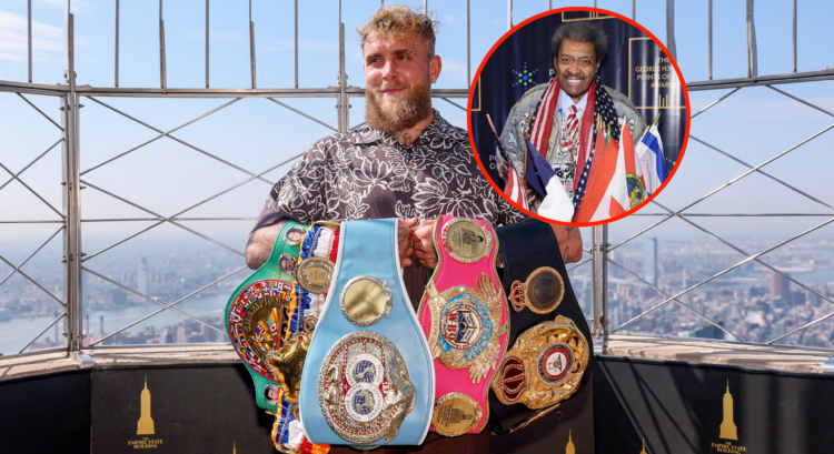 Jake Paul atop the Empire State building holding five world championship belts. Bubble shows Don King holding a handful of flags