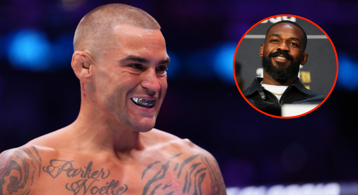 Dustin Poirier enters the Octagon for his fight with Max Holloway at UFC 318, inset Jon Jones at the UFC 309 press conference