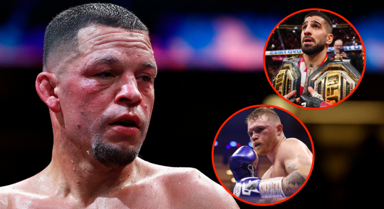 Nate Diaz in the boxing ring for his fight with Jorge Masvidal, inset Ilia Topuria after a win at UFC 317, and Canelo Alvarez boxing William Scull