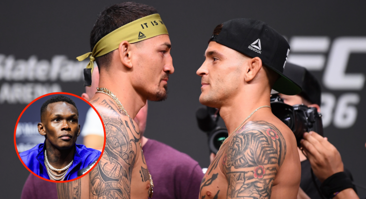 Max Holloway and Dustin Poirier face off at the UFC 236 ceremonial weigh-in, inset Israel Adesanya at the UFC 276 press conference