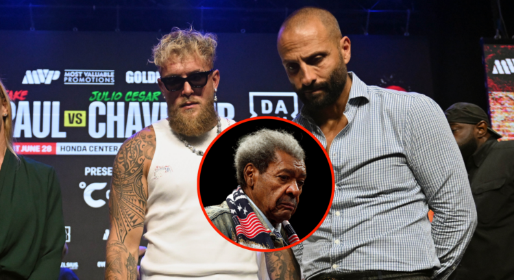 Jake Paul and Nakisa Bidarian both looking down at a press conference. Bubble shows Don King looking forlorn