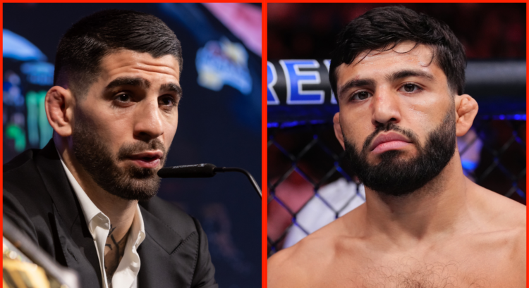 Ilia Topuria speaks at a press conference in Spain, opposite Arman Tsarukyan in the cage at UFC 300