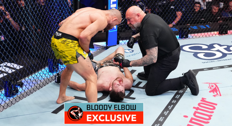 Jean Silva stands over an unconscious Bryce Mitchell as a referee kneels between them. Overlay text reads: BLOODY ELBOW EXCLUSIVE