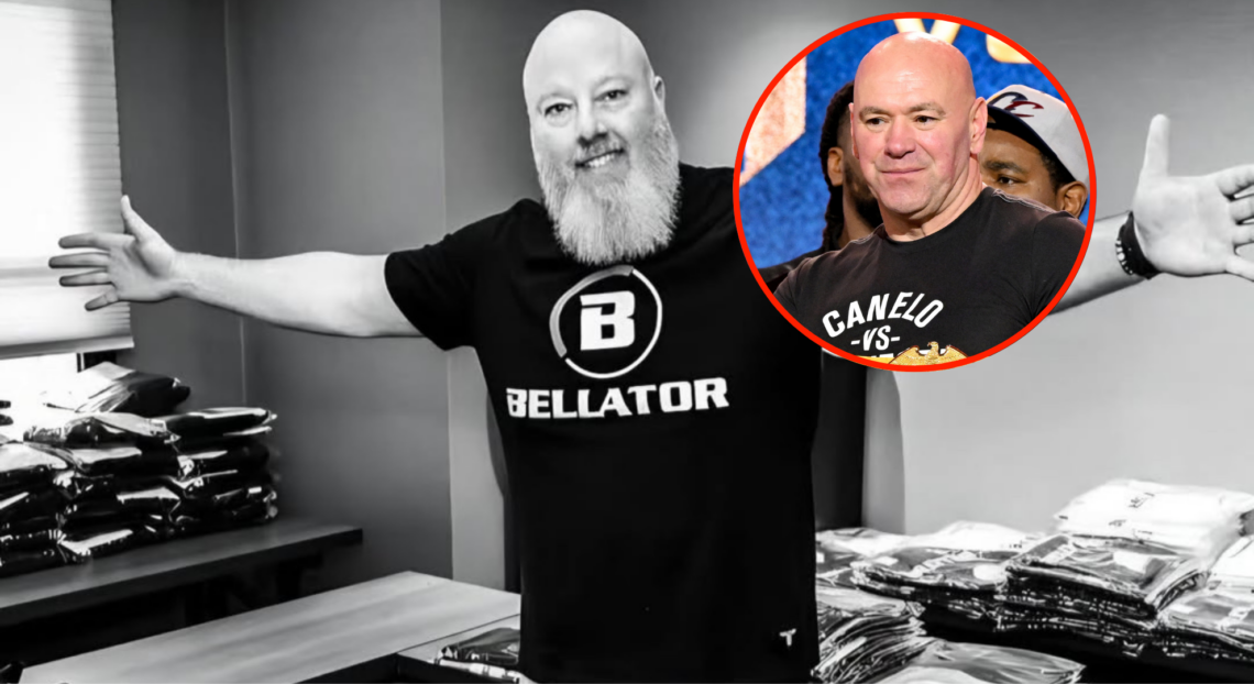 Main photo is black and white and shows PFL employee Jeff Brady with arms open in a room of merchandise wearing a Bellator t-shirt while bubble sho...