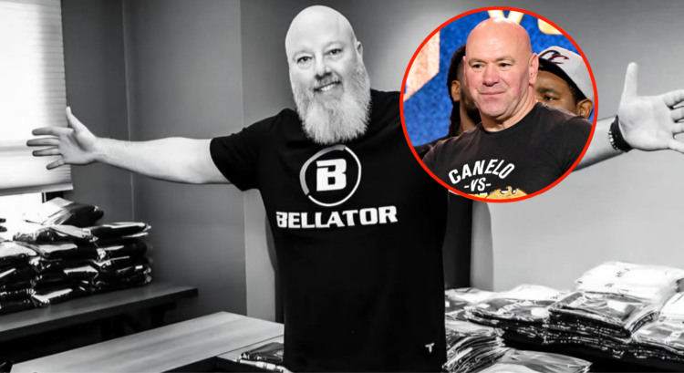 Main photo is black and white and shows PFL employee Jeff Brady with arms open in a room of merchandise wearing a Bellator t-shirt while bubble sho...