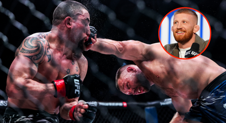 Reinier de Ridder punches Robert Whittaker during their fight at UFC Abu Dhabi, inset Bo Nickal at the UFC 309 pre-fight press conference