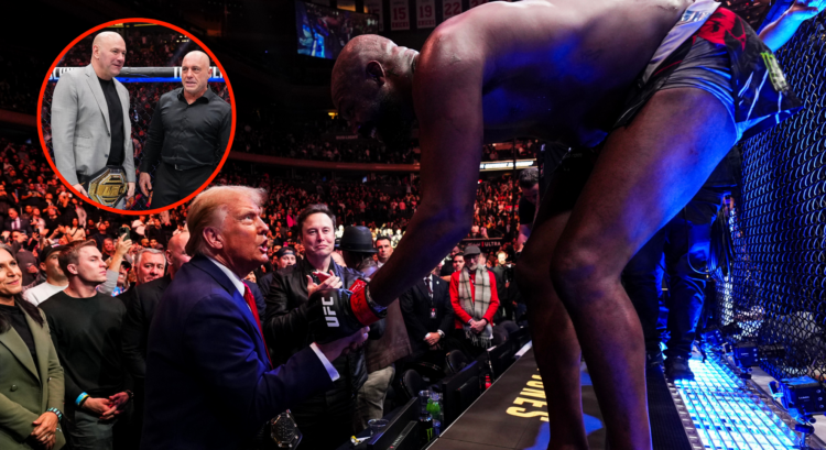 Jon Jones shakes hands with Donald Trump after UFC 319. Bubble shows Dana White holding a UFC title belt standing next to Joe Roga