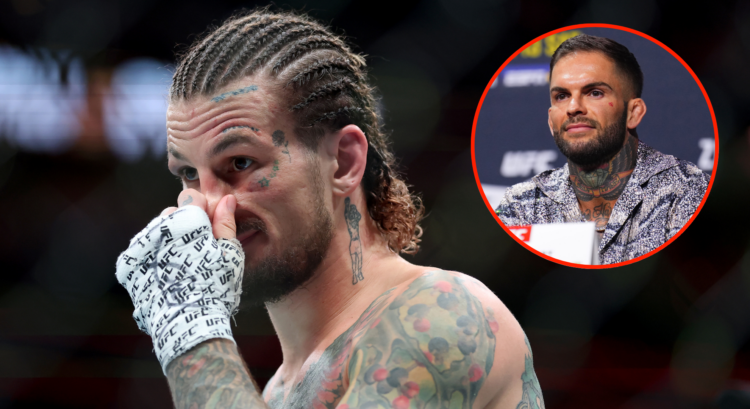 Sean O'Malley reacts after a loss to Merab Dvalishvili at UFC 316, inset Cody Garbrandt at the UFC 300 press conference
