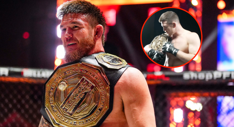 Main photo shows Johnny Eblen with the PFL vs Bellator Champions belt. Bubble photo shows him with the new PFL middleweight title