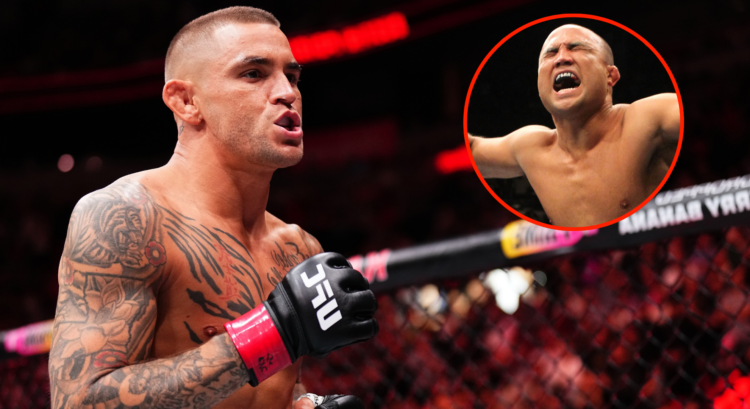 Dustin Poirier enters the Octagon for his fight with Benoit Saint-Denis at UFC 299, inset BJ Penn after defeating Matt Hughes