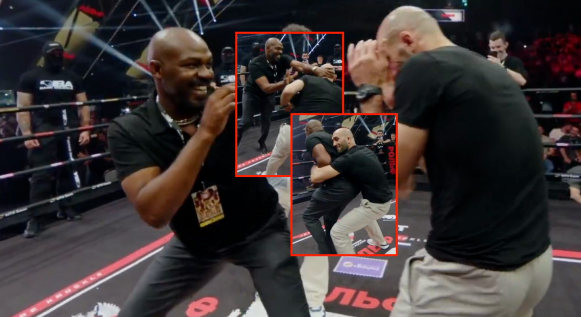 Composite image showing Jon Jones shadowboxing with Adlan Amagov in a bare knuckle boxing ring