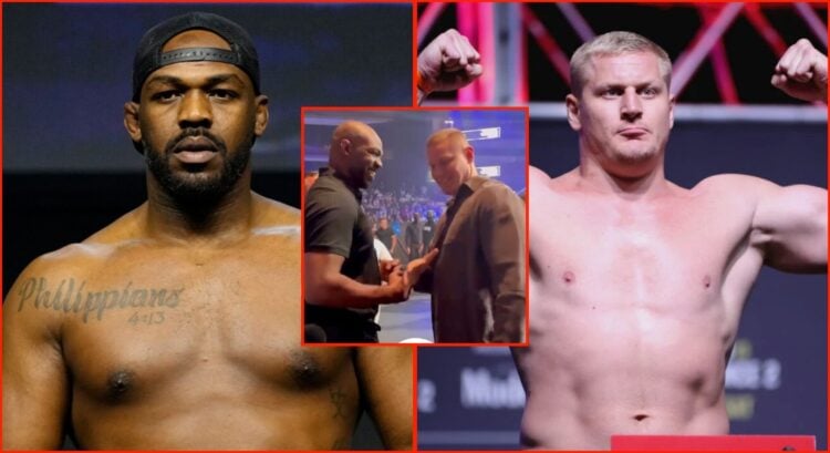 Jon Jones weighs in at UFC 285, Sergei Pavlovich weighs in at UFC 277, inset screenshot of the heavyweight duo meeting in Russia.