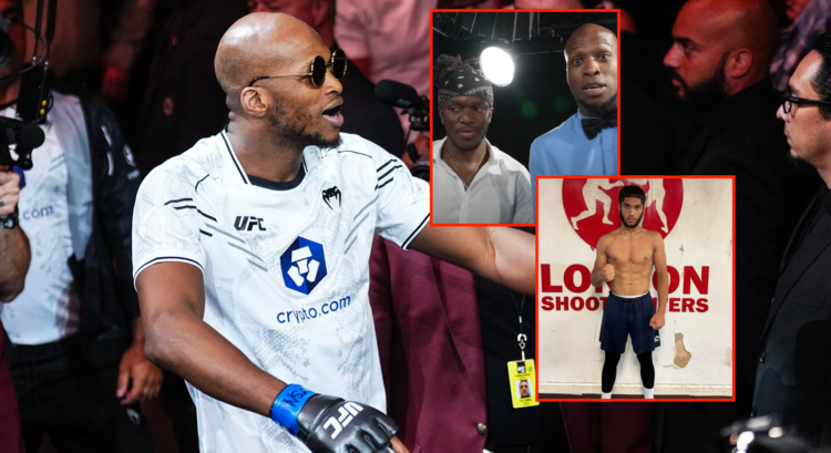 Michael Page walks to the octagon wearing a white t-shirt and sunglasses, Blocks show him with KSI, and a photo of Kia Jami