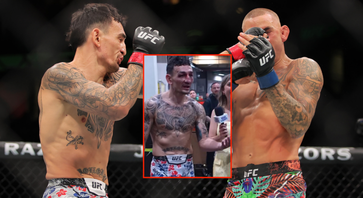 Max Holloway and Dustin Poirier exchange punches in their third fight at UFC 318. Block photo in the middle shows Max Holloway angrily speaking bac...