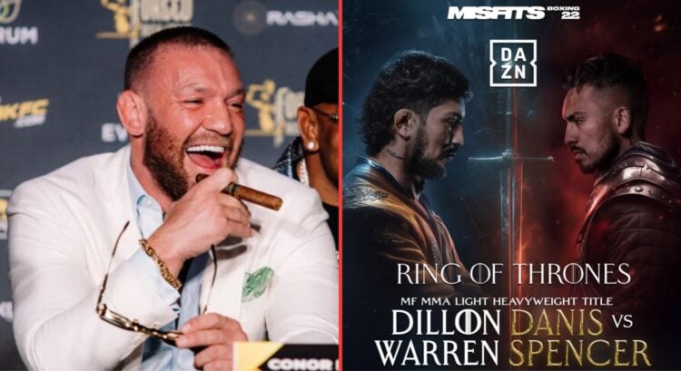 Conor McGregor laughs with a cigar in his hand, Dillon Danis vs. Warren Spencer fight poster