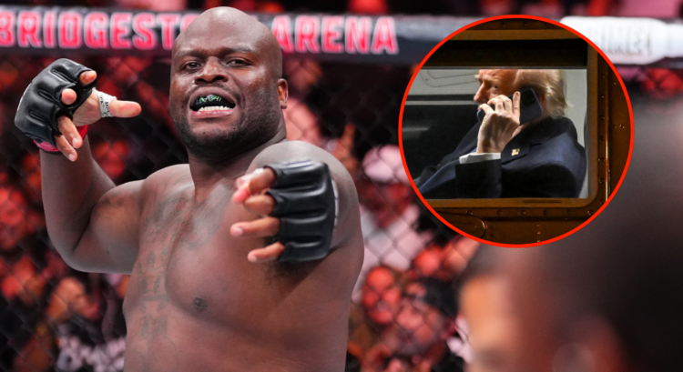 Derrick Lewis celebrates after knocking out Tallison Teixeira at UFC Nashville, inset U.S. Donald Trump on the phone