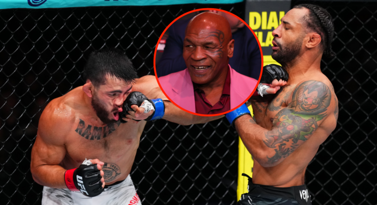 Main photo shows Mike Davis punching Mitch Ramirez during their UFC Nashville fight. Bubble shows Mike Tyson in a pink suit at a UFC fight