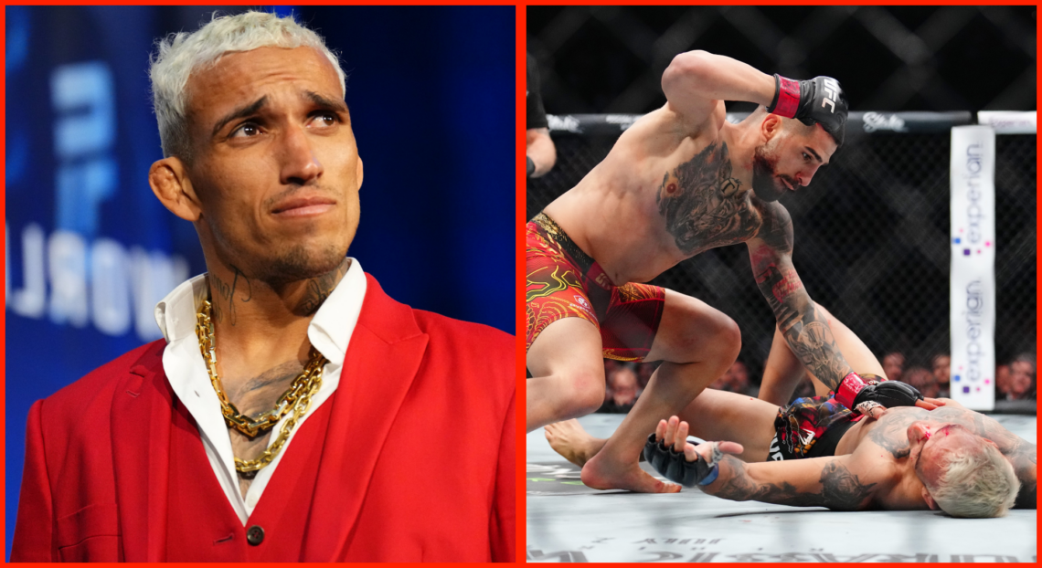Charles Oliveira walks out at the UFC 309 pre-fight press conference, inset Ilia Topuria punching Oliveira at UFC 317