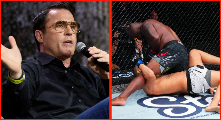 Chael Sonnen speaks during a live show at UFC X in Las Vegas, opposite Derrick Lewis punching Tallison Teixeira