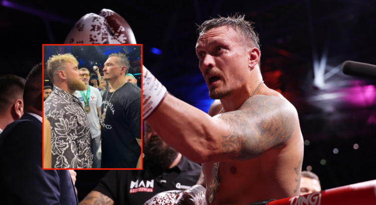 Oleksandr Usyk calling to someone from the ring (main photo) and facing off with Jake Paul in the ring (left block photo)