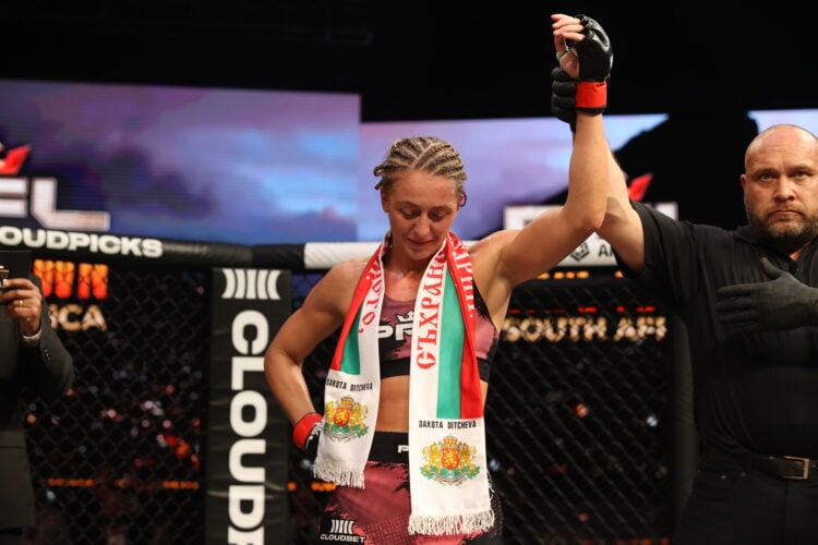 Dakota Ditcheva gets her hand raised after beating Sumiko Inaba at PFL Africa