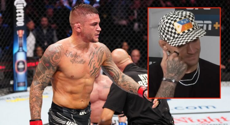 Dustin Poirier reacts after his submission victory over Michael Chandler, inset screenshot of Dustin Poirier crying