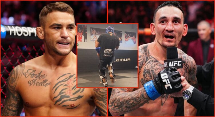 Dustin Poirier prepares to fight at UFC 281, Max Holloway speaks after his UFC 300 win, inset screenshot of Ikram Aliskerov breaking his toe.