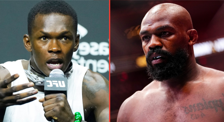 Israel Adesanya answers a question at the UFC 287 press conference, opposite Jon Jones entering the cage at UFC 309
